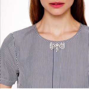 J Crew Navy and White Rhinestone Bow Blouse